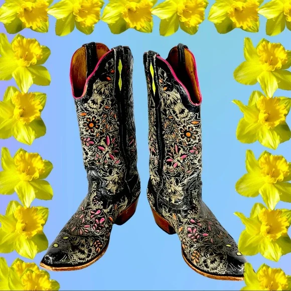 Johnny Ringo Cowboy Boots Genuine Leather Floral Overlay Black Pink Lime Yellow - Picture 6 of 12